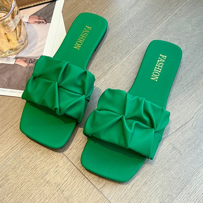 Summer Slippers For Women Flip Flops Flats 2025 New Pleated Korean Slippers
