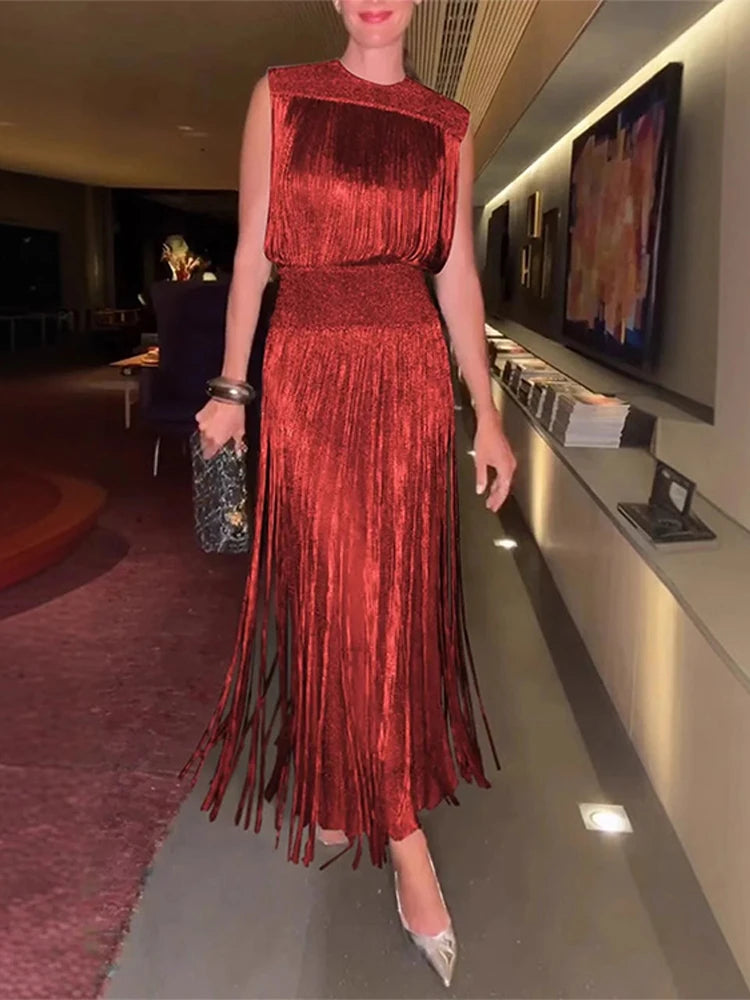 Sexy Sequin Tassel Evening Dresses Women Vintage Solid Sleeveless