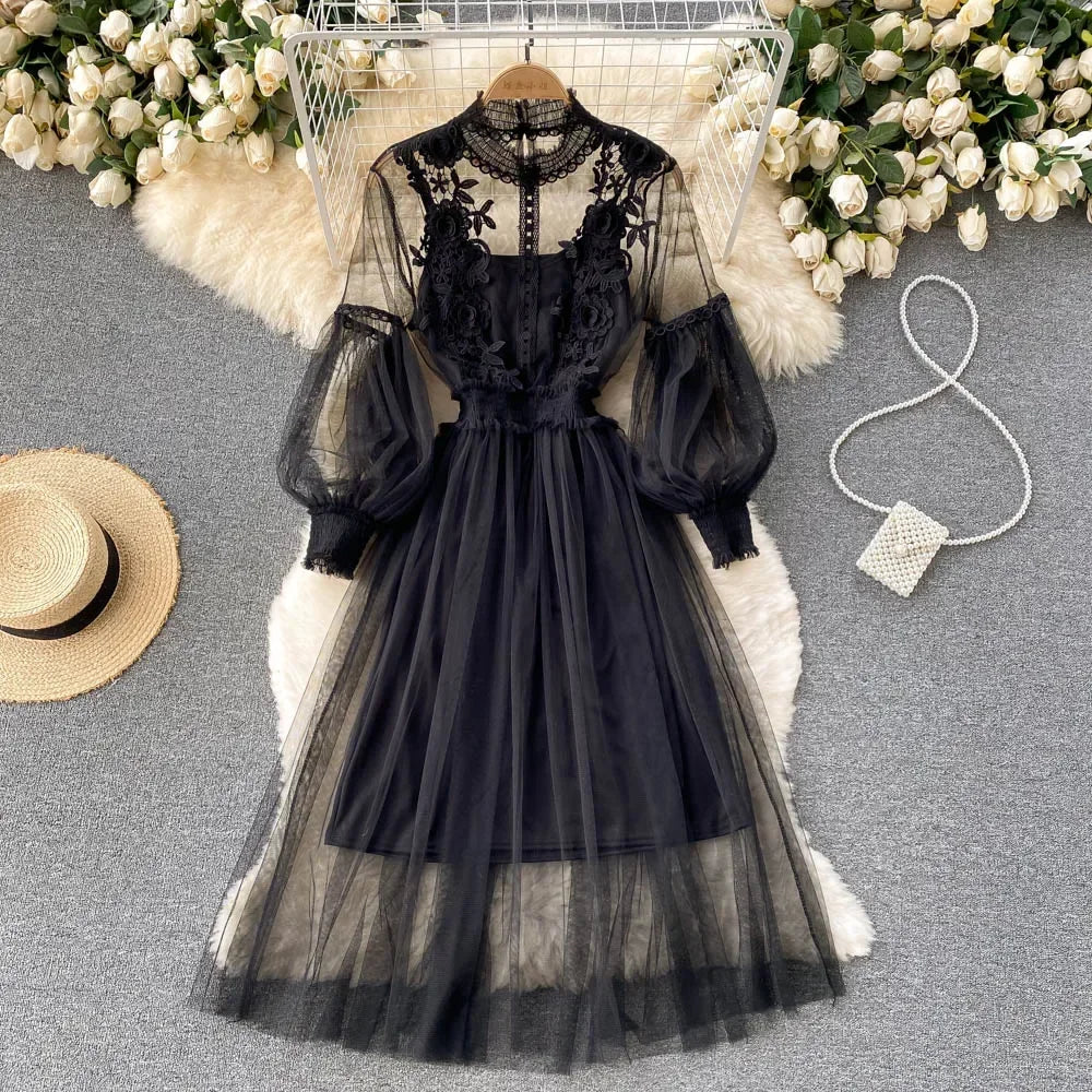 Ladies Dress Three-dimensional Collar Lantern Sleeve High Waist Slim