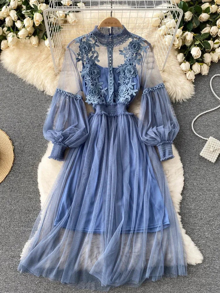 Ladies Dress Three-dimensional Collar Lantern Sleeve High Waist Slim