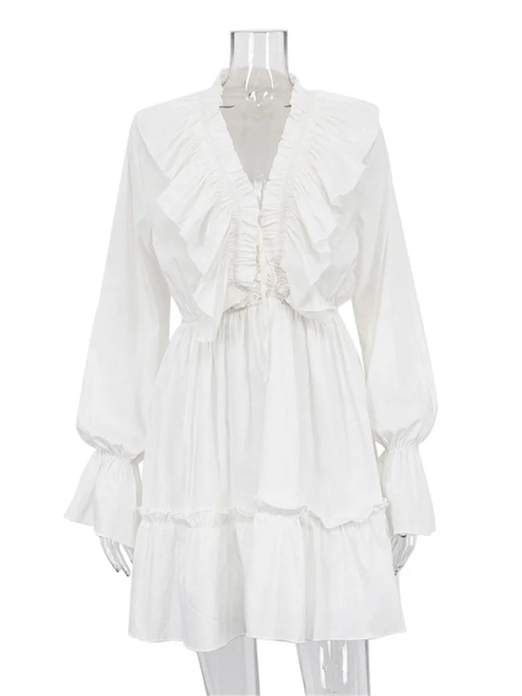 Tossy Ruffled V-Neck White Mini Dress Female Patchwork Long Sleeve