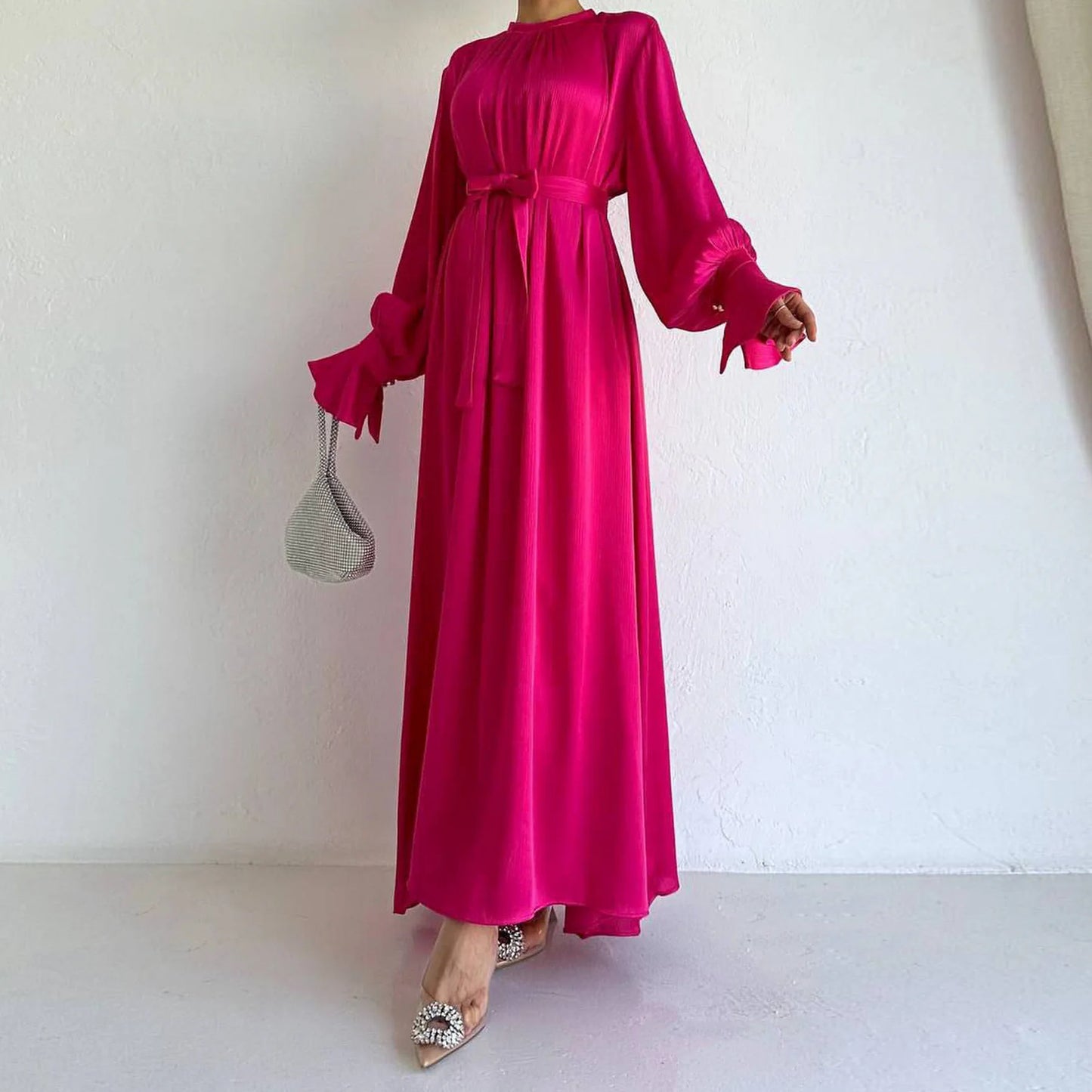 Soft Waist Strap Two Wear Dress Dubai Elegant Satin Dress Women