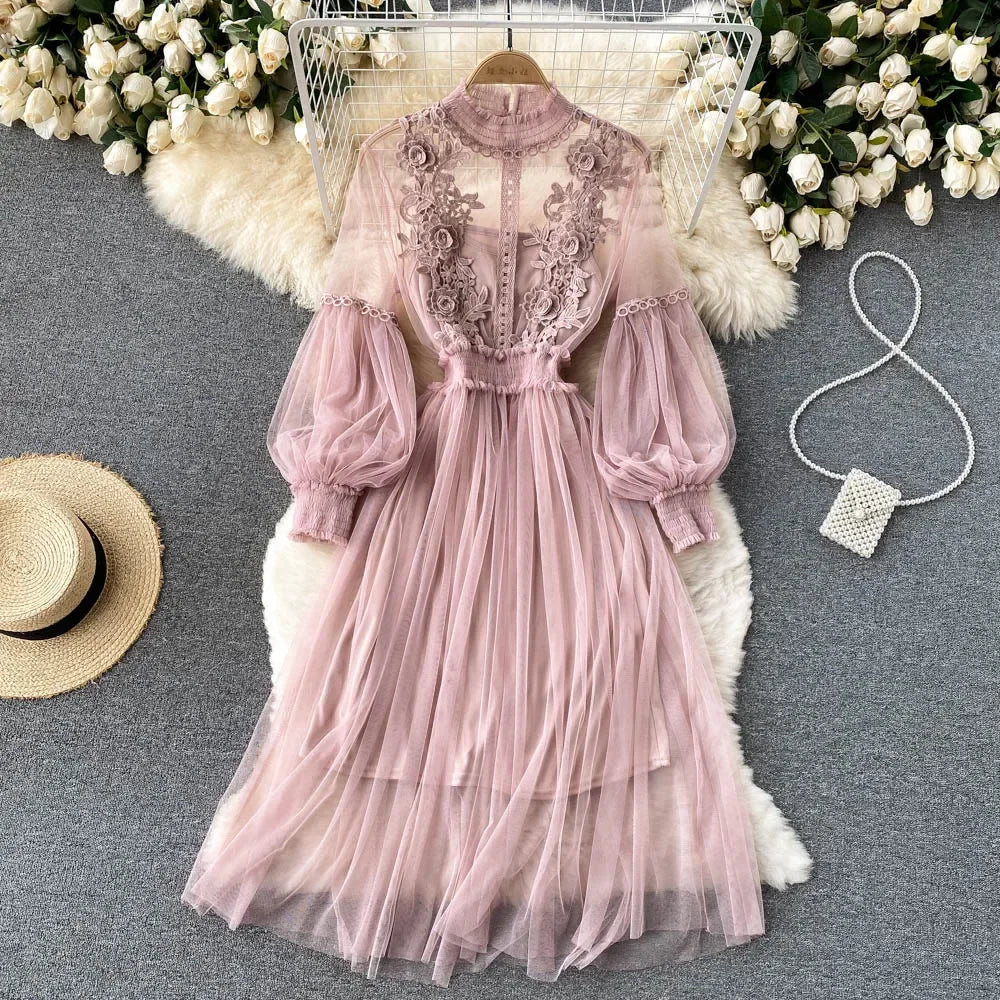 Ladies Dress Three-dimensional Collar Lantern Sleeve High Waist Slim