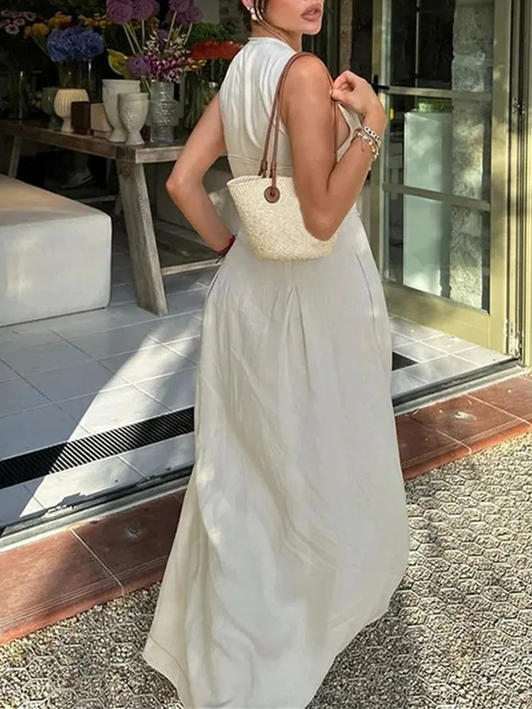 TRAF Zipper Long Dress Woman Pleated Sleeveless Bodycon Dress