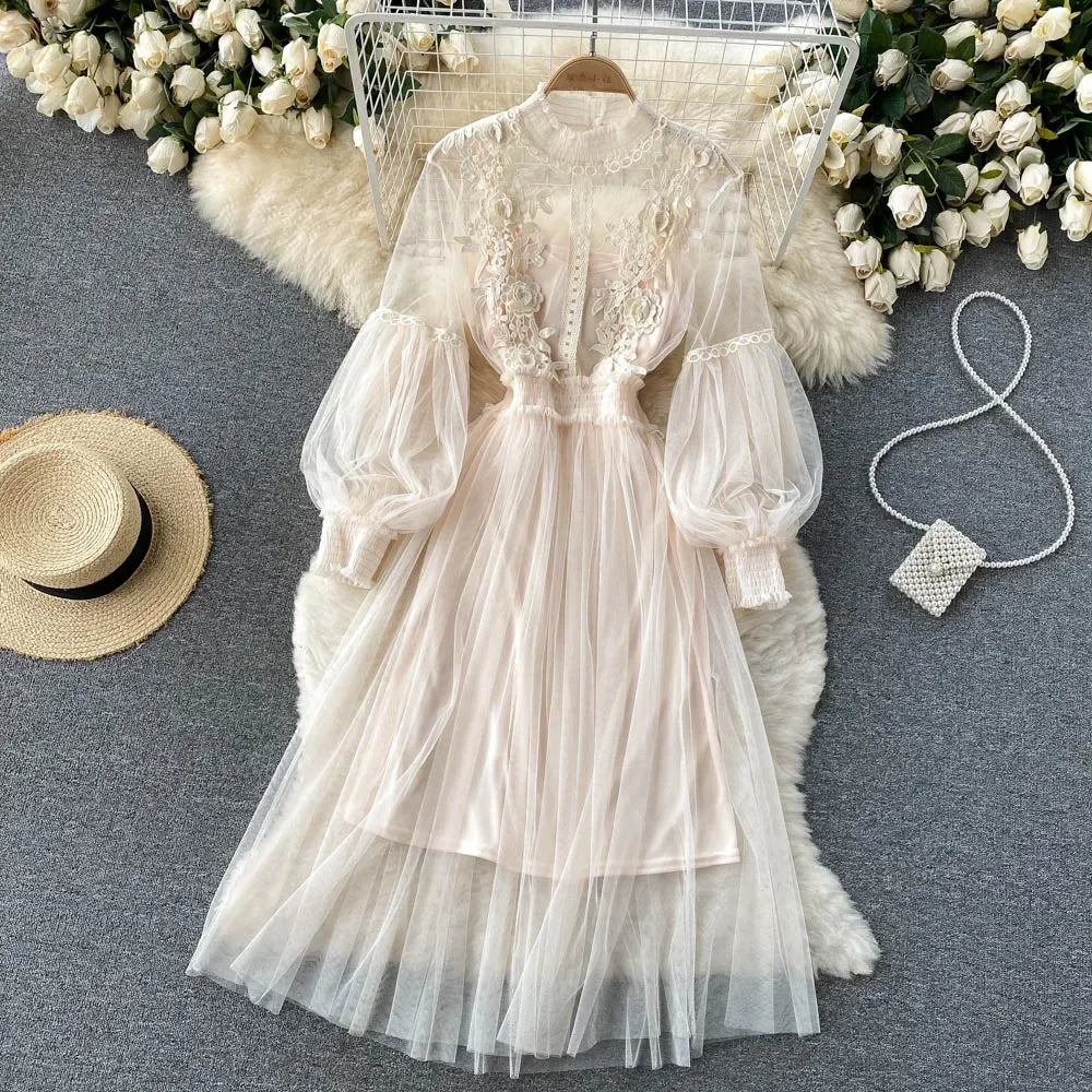 Ladies Dress Three-dimensional Collar Lantern Sleeve High Waist Slim