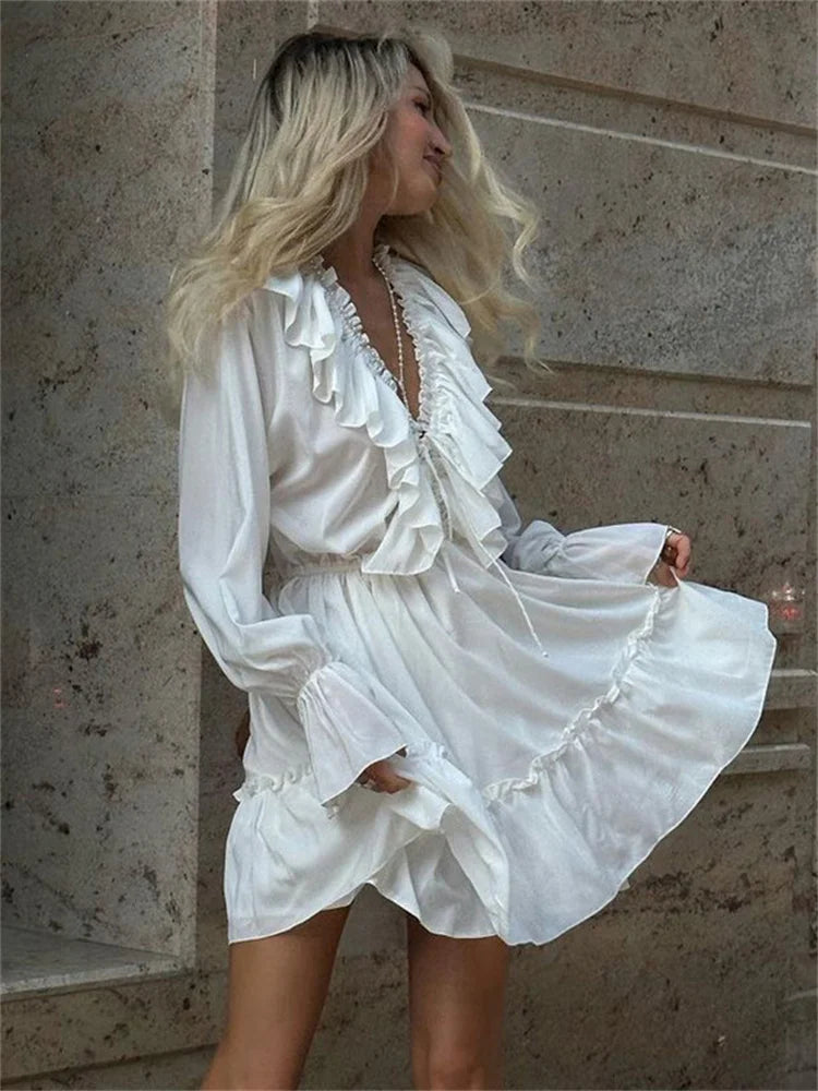 Tossy Ruffled V-Neck White Mini Dress Female Patchwork Long Sleeve