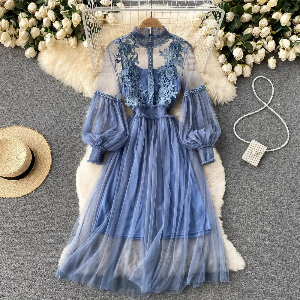 Ladies Dress Three-dimensional Collar Lantern Sleeve High Waist Slim