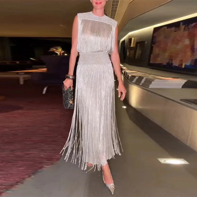 Sexy Sequin Tassel Evening Dresses Women Vintage Solid Sleeveless