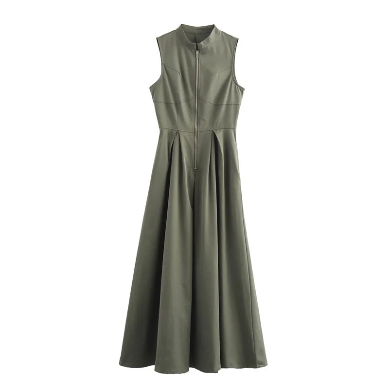 TRAF Zipper Long Dress Woman Pleated Sleeveless Bodycon Dress