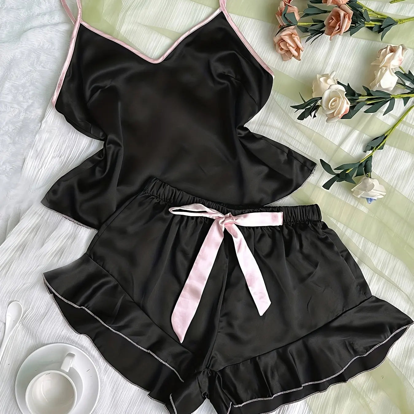Women's Smooth Satin Pajamas V-Neck T-Shirt