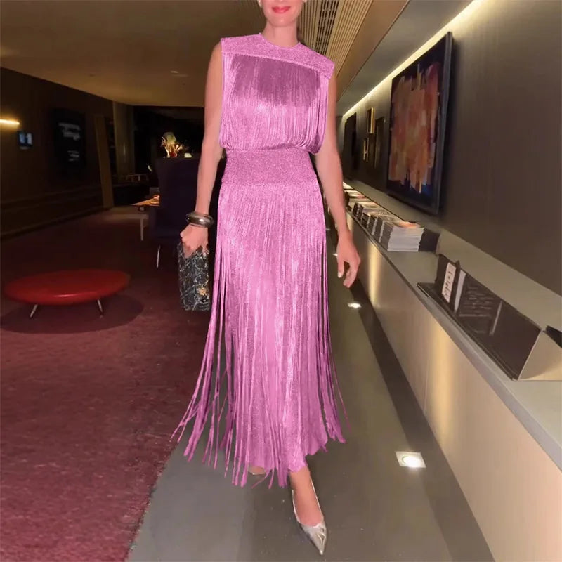 Sexy Sequin Tassel Evening Dresses Women Vintage Solid Sleeveless