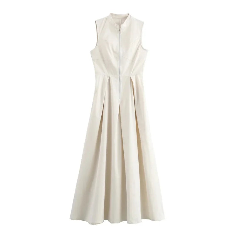 TRAF Zipper Long Dress Woman Pleated Sleeveless Bodycon Dress