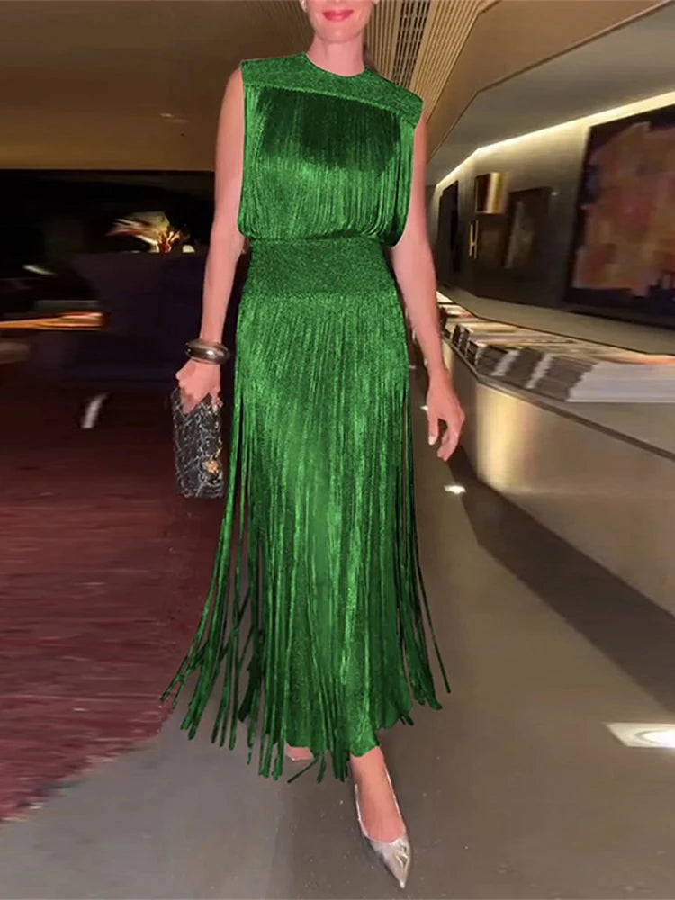 Sexy Sequin Tassel Evening Dresses Women Vintage Solid Sleeveless