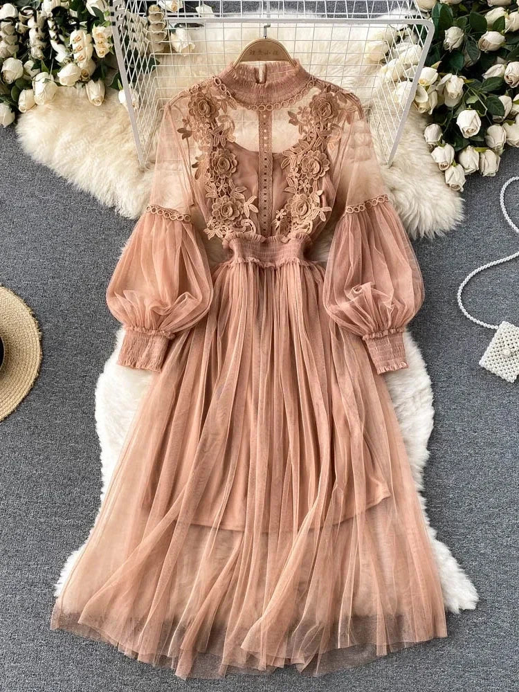 Ladies Dress Three-dimensional Collar Lantern Sleeve High Waist Slim