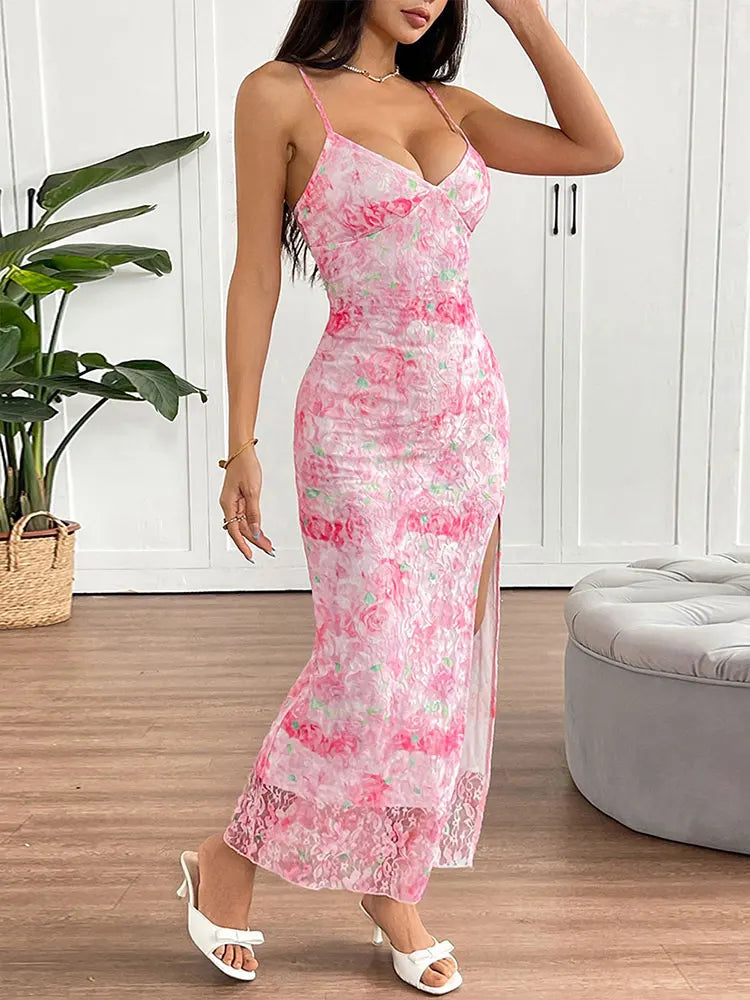 Elegant Summer Club Dress – Pink Print V-Neck Backless