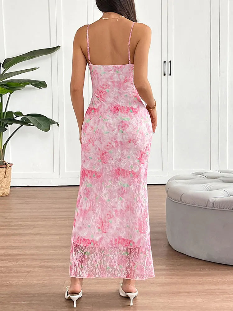 Elegant Summer Club Dress – Pink Print V-Neck Backless