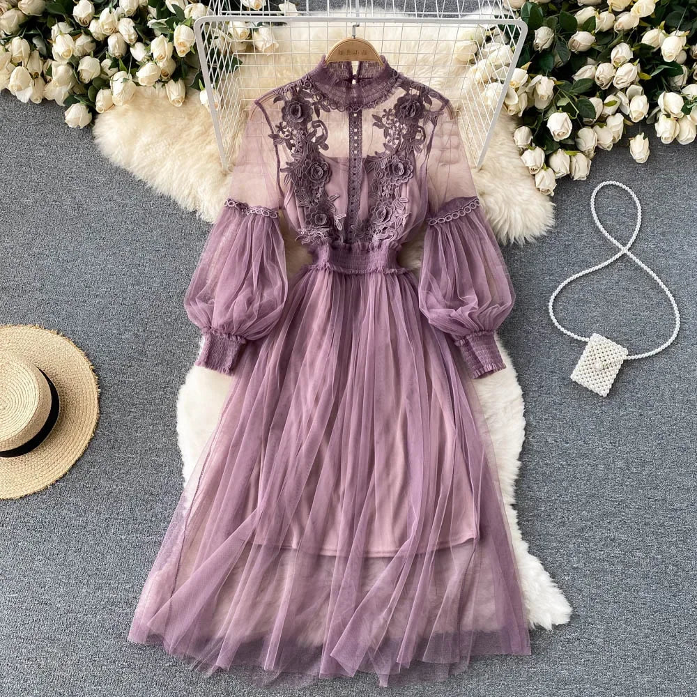 Ladies Dress Three-dimensional Collar Lantern Sleeve High Waist Slim