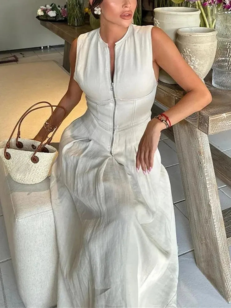 TRAF Zipper Long Dress Woman Pleated Sleeveless Bodycon Dress