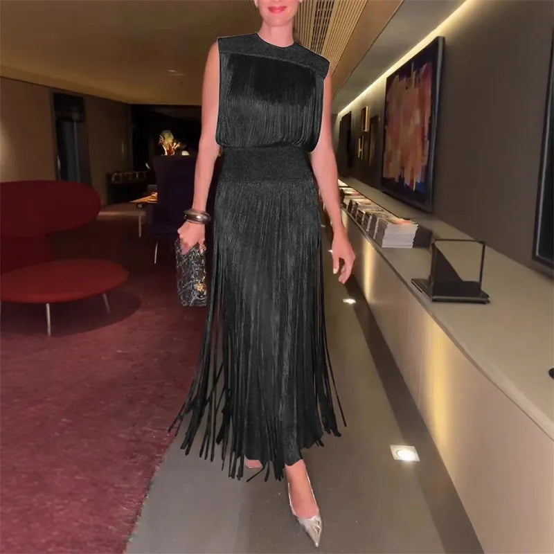 Sexy Sequin Tassel Evening Dresses Women Vintage Solid Sleeveless