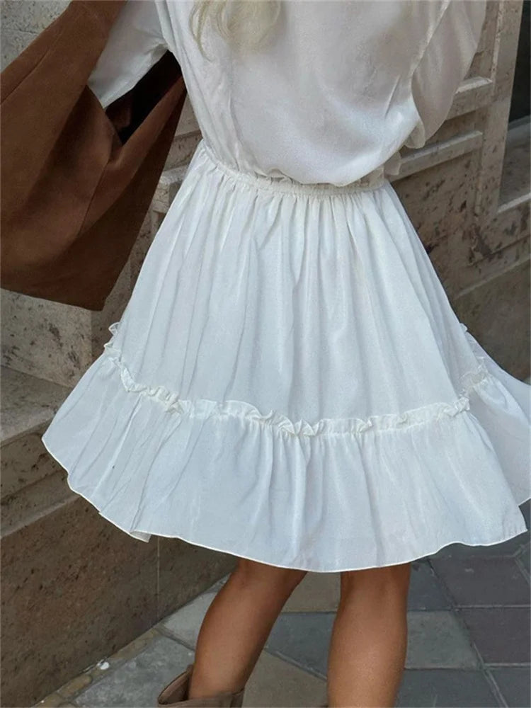 Tossy Ruffled V-Neck White Mini Dress Female Patchwork Long Sleeve