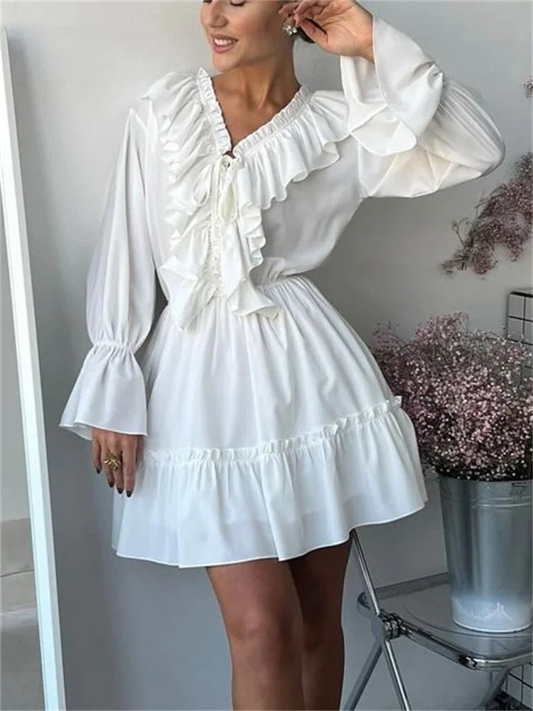 Tossy Ruffled V-Neck White Mini Dress Female Patchwork Long Sleeve