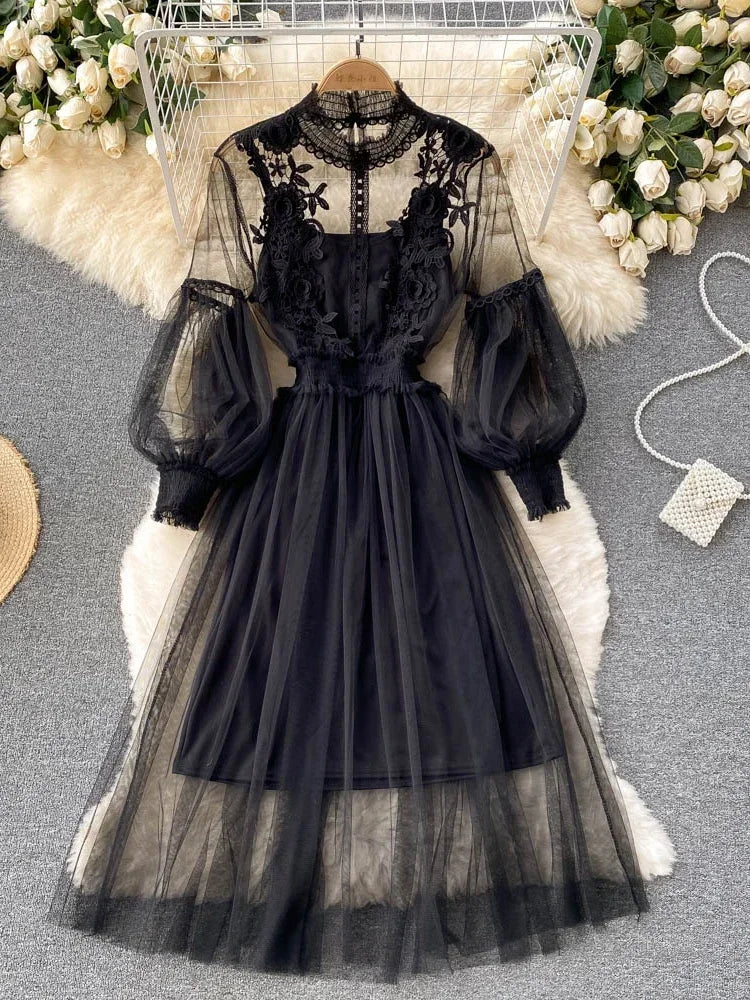 Ladies Dress Three-dimensional Collar Lantern Sleeve High Waist Slim