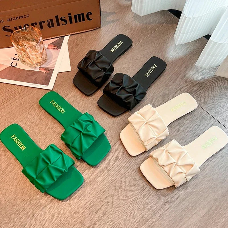 Summer Slippers For Women Flip Flops Flats 2025 New Pleated Korean Slippers