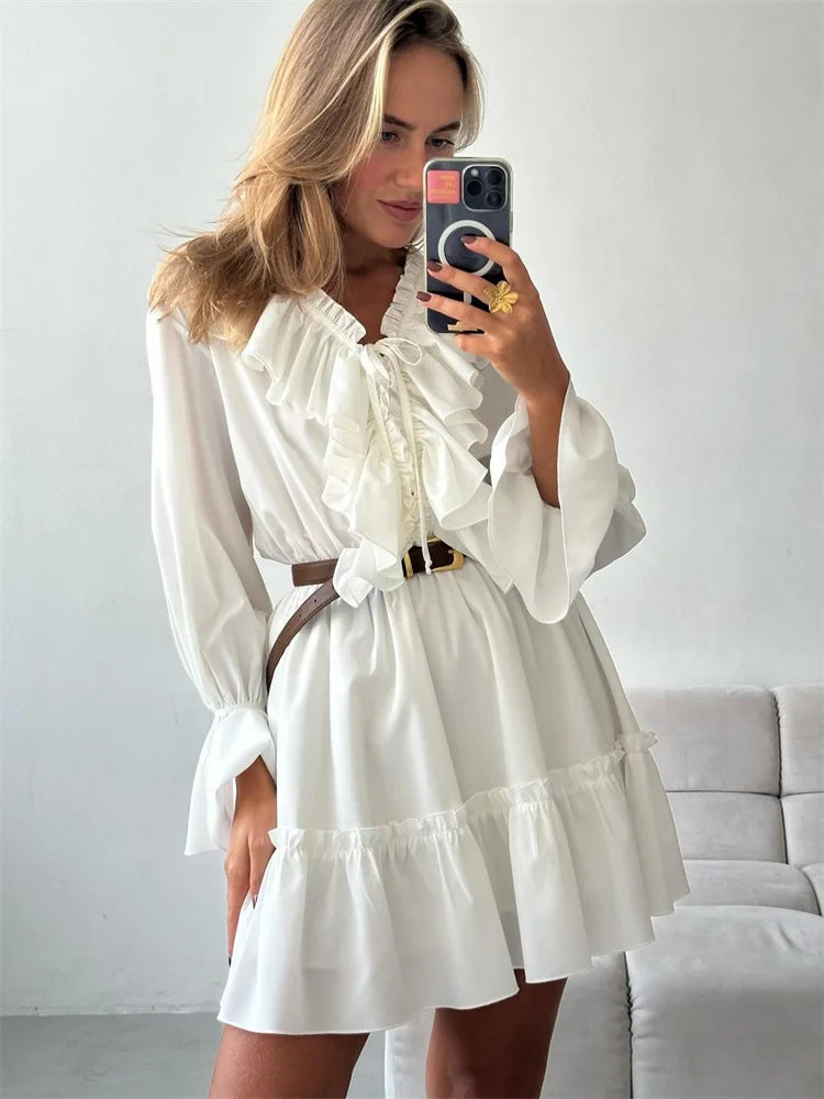 Tossy Ruffled V-Neck White Mini Dress Female Patchwork Long Sleeve