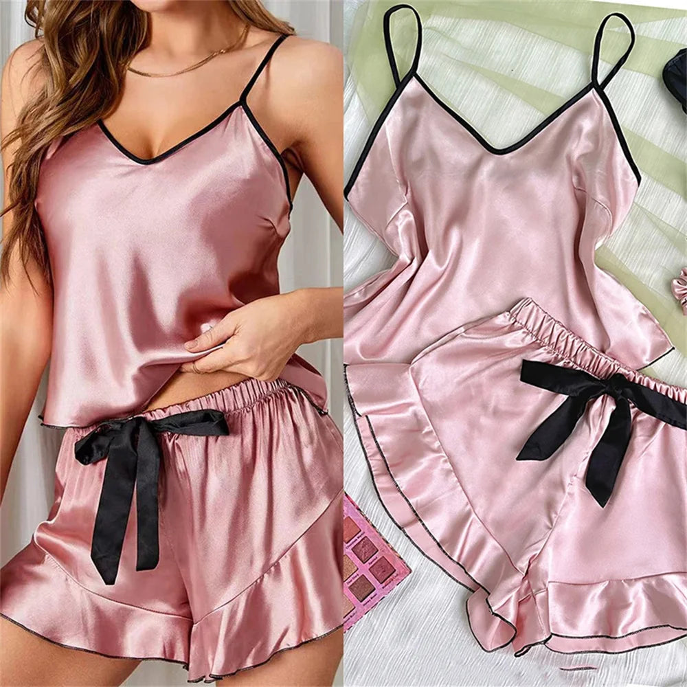 Women's Smooth Satin Pajamas V-Neck T-Shirt