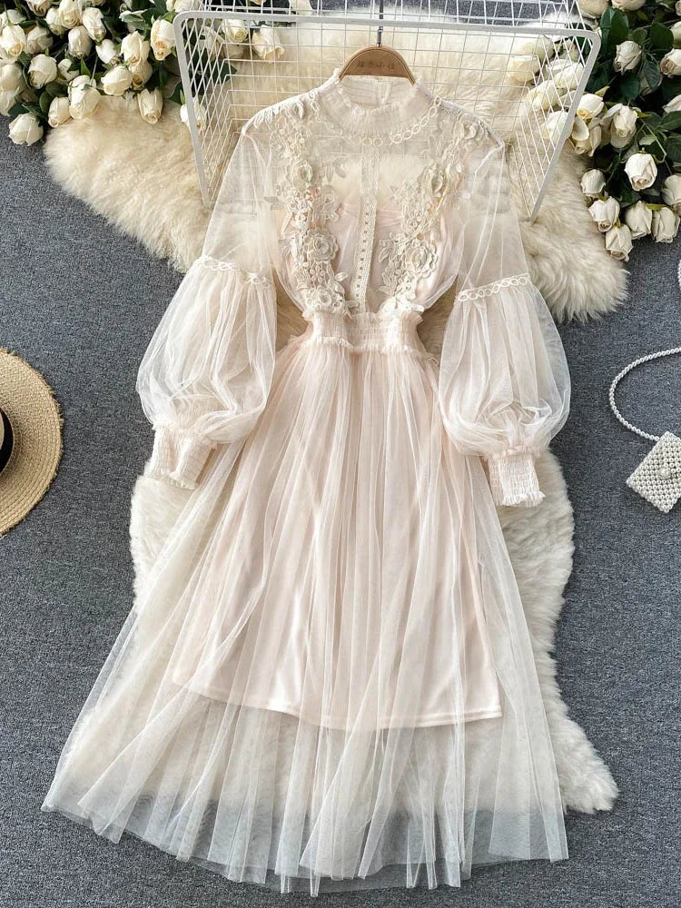Ladies Dress Three-dimensional Collar Lantern Sleeve High Waist Slim
