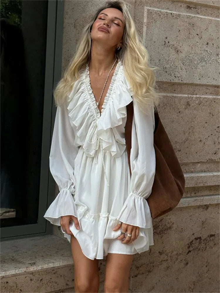 Tossy Ruffled V-Neck White Mini Dress Female Patchwork Long Sleeve