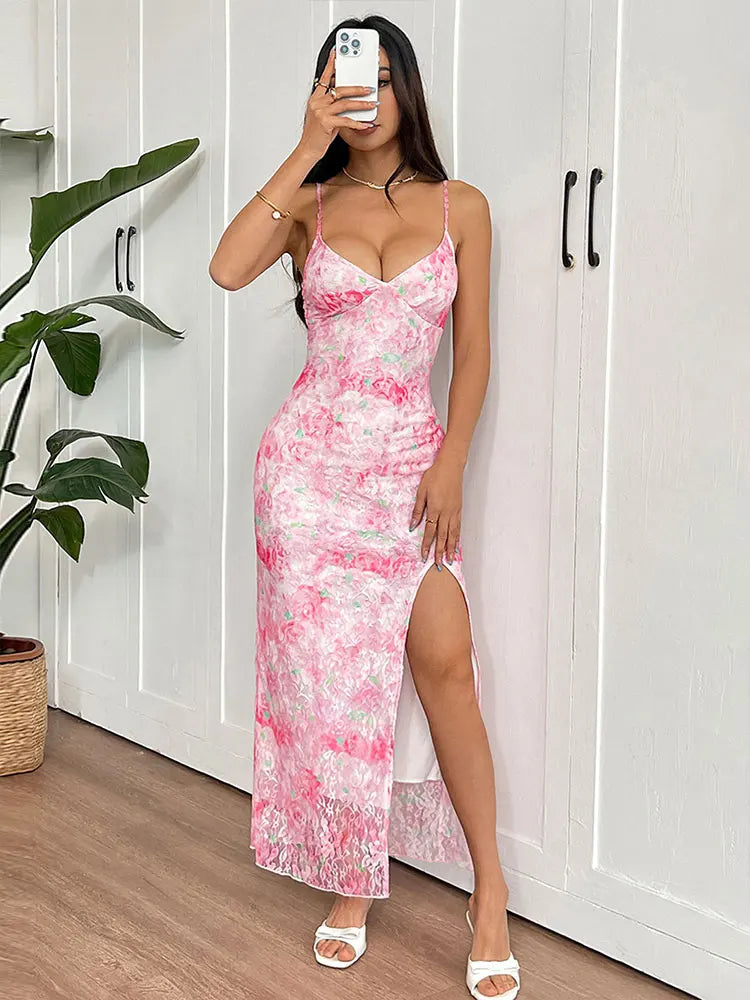 Elegant Summer Club Dress – Pink Print V-Neck Backless
