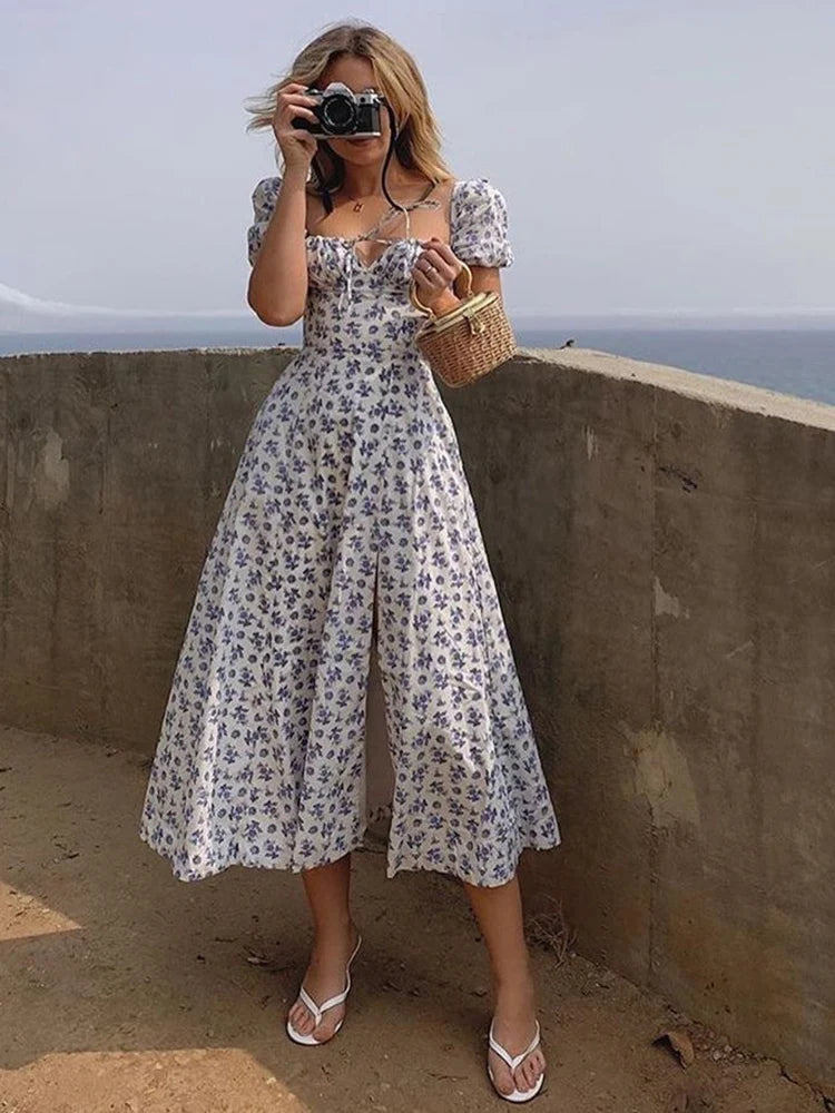 Summer Women Puff Sleeve Floral Printed Dress,Long Dresses