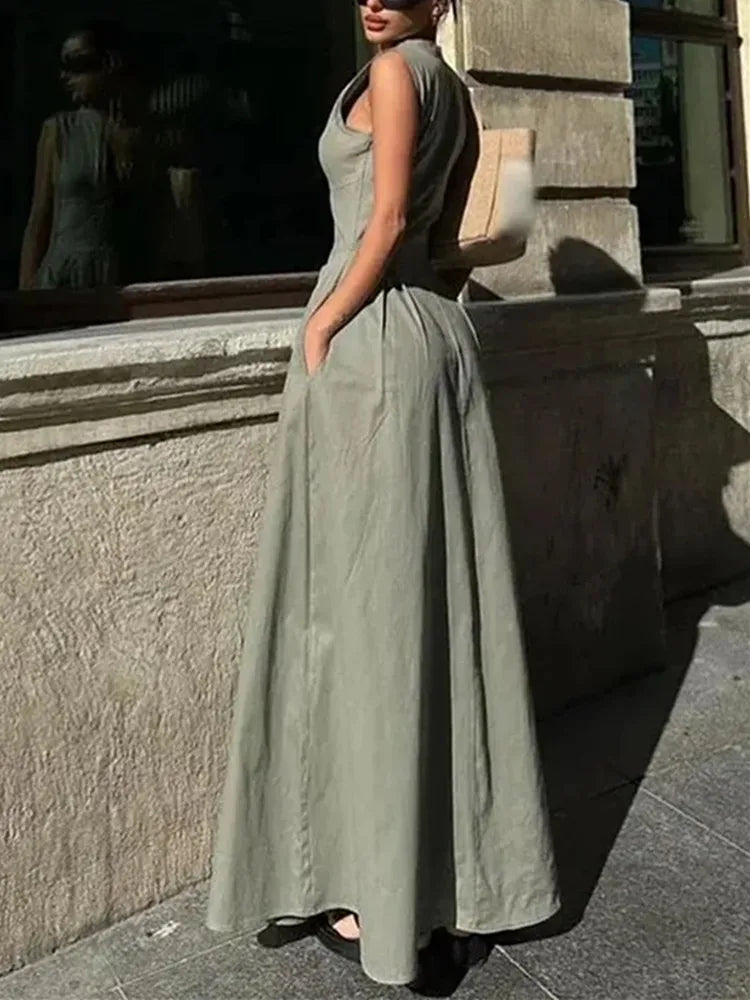 TRAF Zipper Long Dress Woman Pleated Sleeveless Bodycon Dress