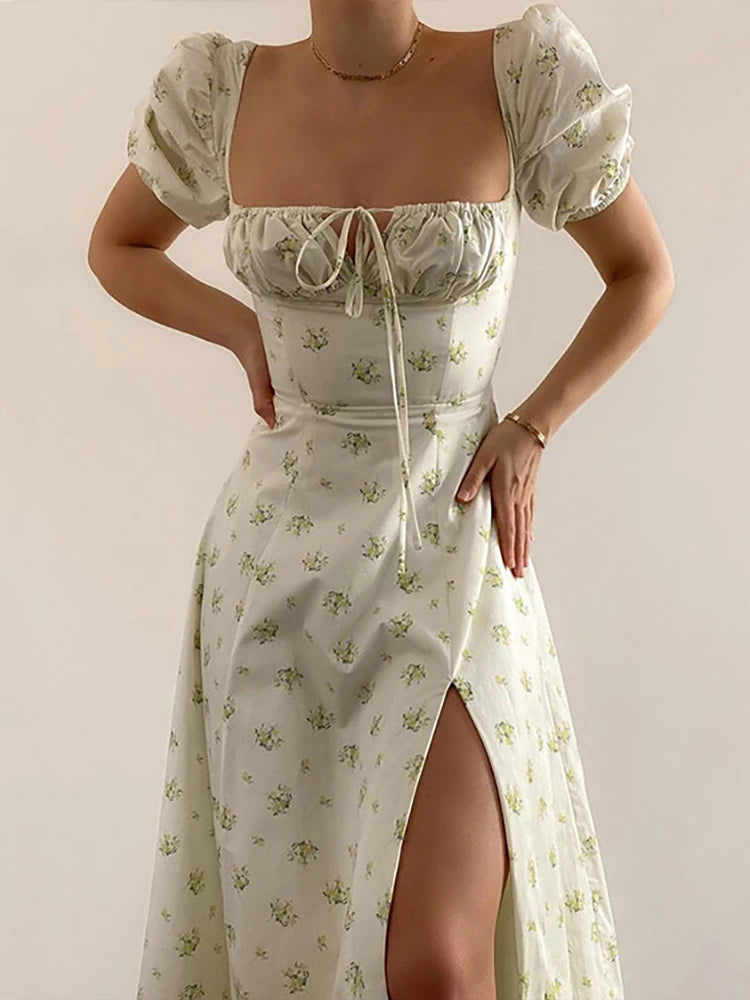 Summer Women Puff Sleeve Floral Printed Dress,Long Dresses