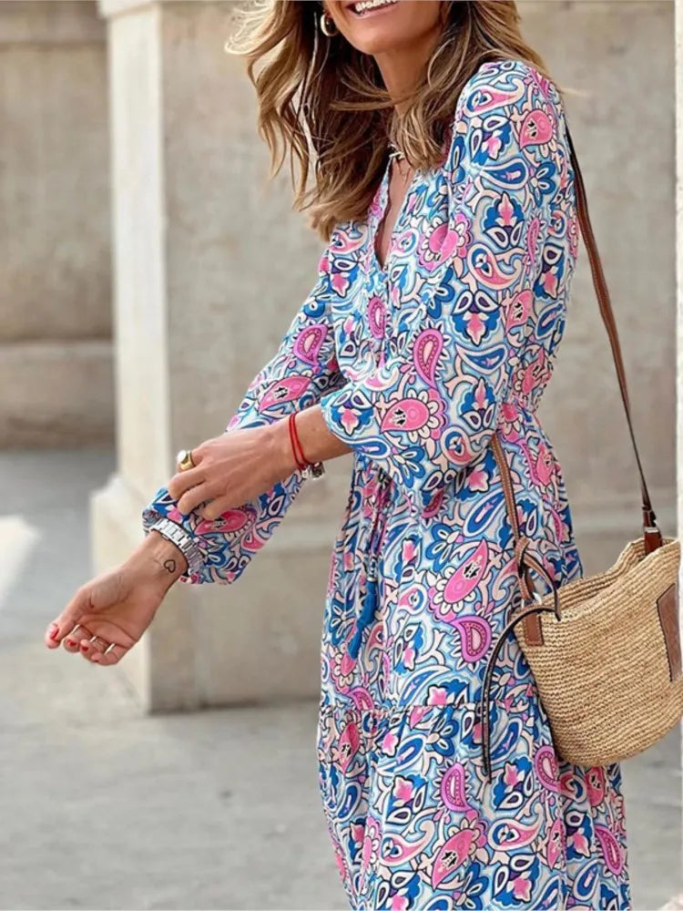 Women's Autumn New Fashionable Printed Sexy V-neck Long Sleeve