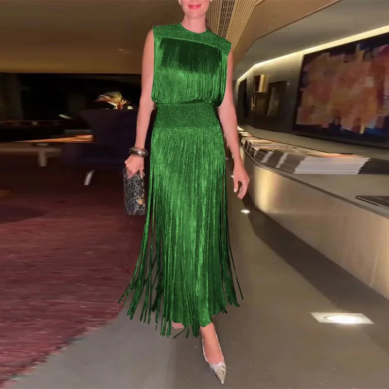 Sexy Sequin Tassel Evening Dresses Women Vintage Solid Sleeveless
