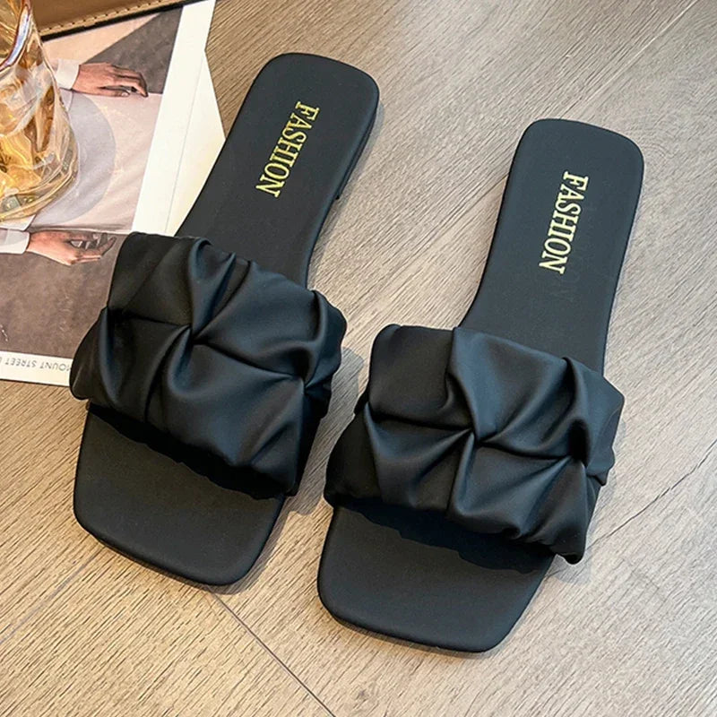 Summer Slippers For Women Flip Flops Flats 2025 New Pleated Korean Slippers