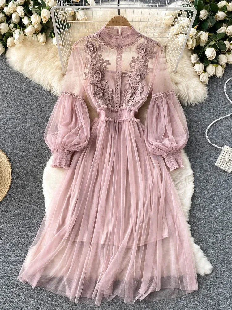 Ladies Dress Three-dimensional Collar Lantern Sleeve High Waist Slim