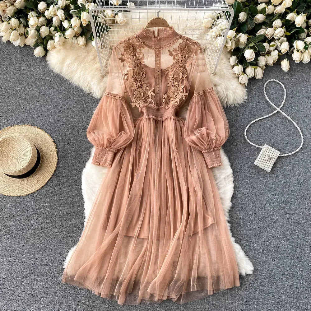 Ladies Dress Three-dimensional Collar Lantern Sleeve High Waist Slim
