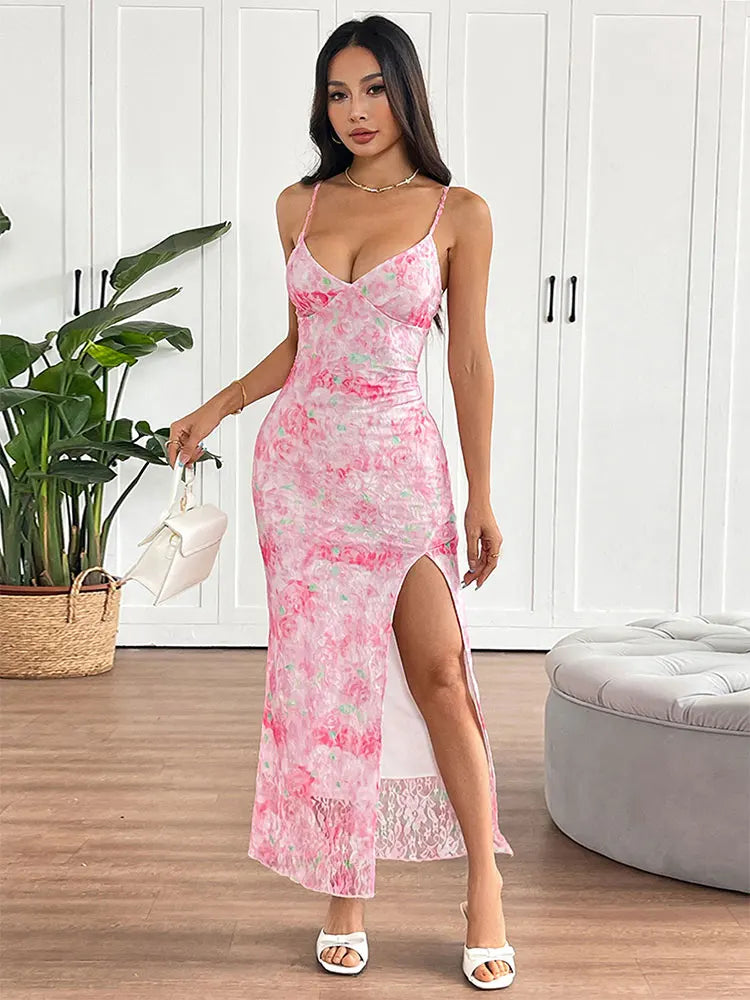 Elegant Summer Club Dress – Pink Print V-Neck Backless