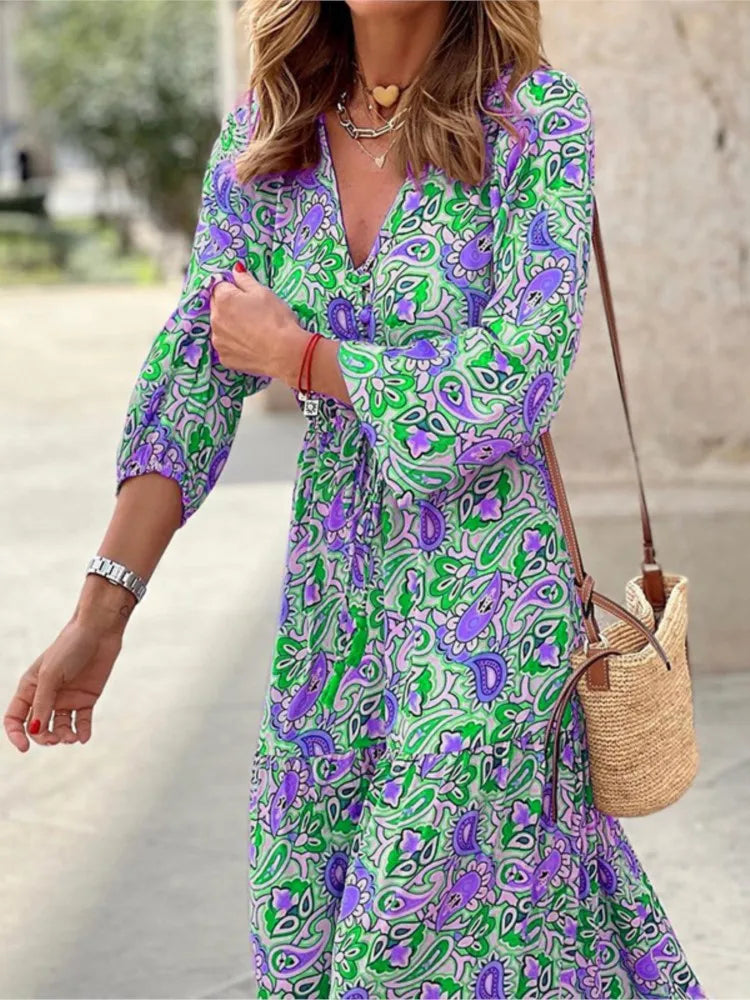 Women's Autumn New Fashionable Printed Sexy V-neck Long Sleeve