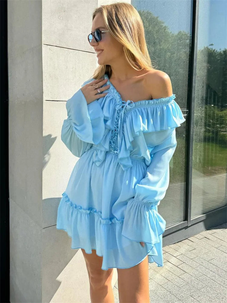 Tossy Ruffled V-Neck White Mini Dress Female Patchwork Long Sleeve