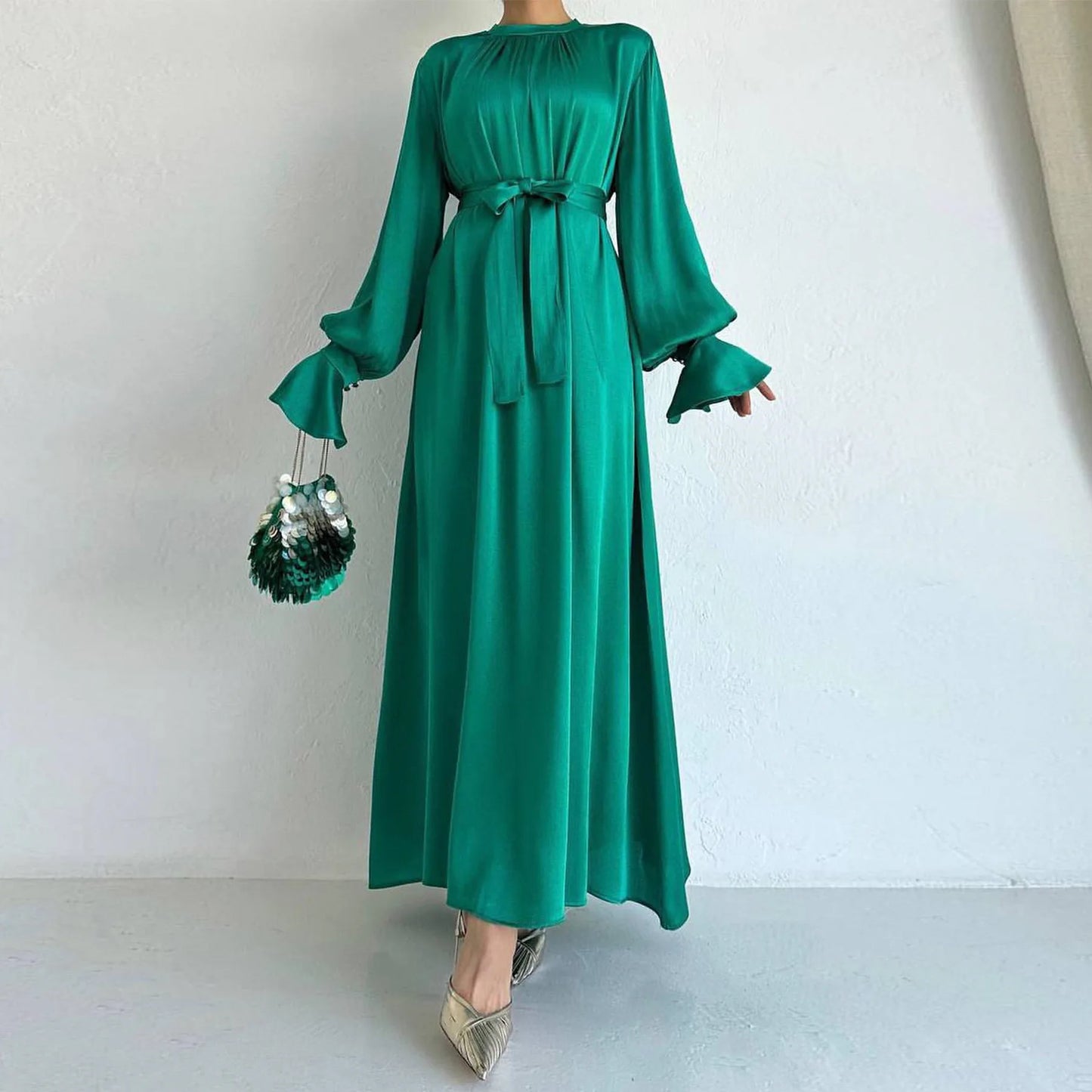 Soft Waist Strap Two Wear Dress Dubai Elegant Satin Dress Women