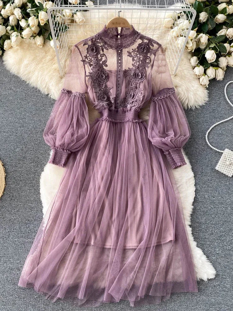 Ladies Dress Three-dimensional Collar Lantern Sleeve High Waist Slim