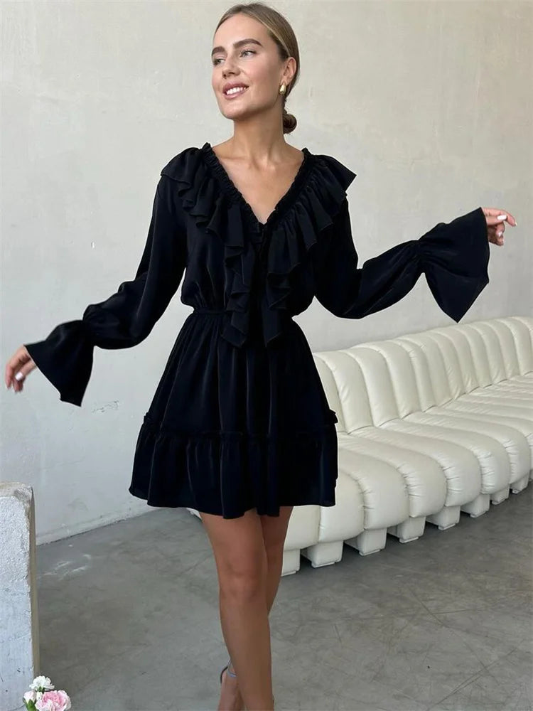 Tossy Ruffled V-Neck White Mini Dress Female Patchwork Long Sleeve