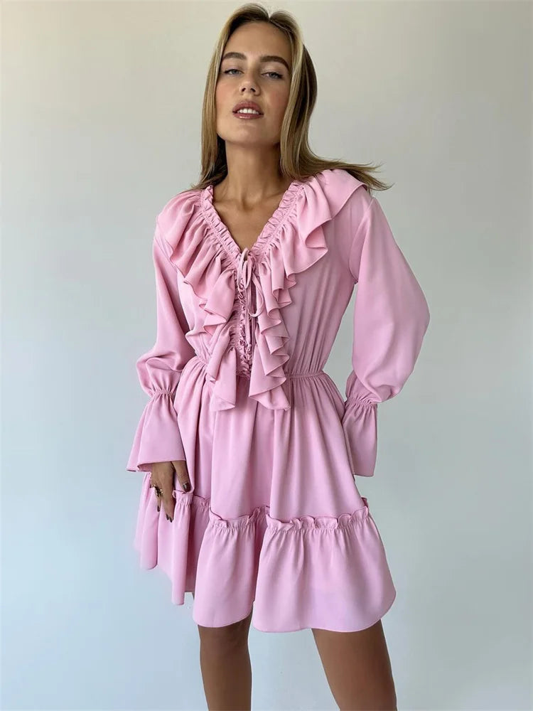 Tossy Ruffled V-Neck White Mini Dress Female Patchwork Long Sleeve