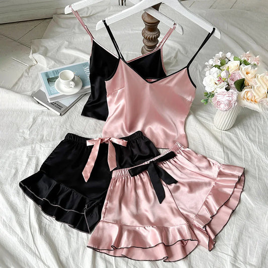 Women's Smooth Satin Pajamas V-Neck T-Shirt