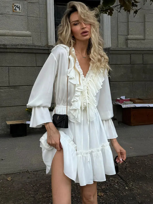 Tossy Ruffled V-Neck White Mini Dress Female Patchwork Long Sleeve