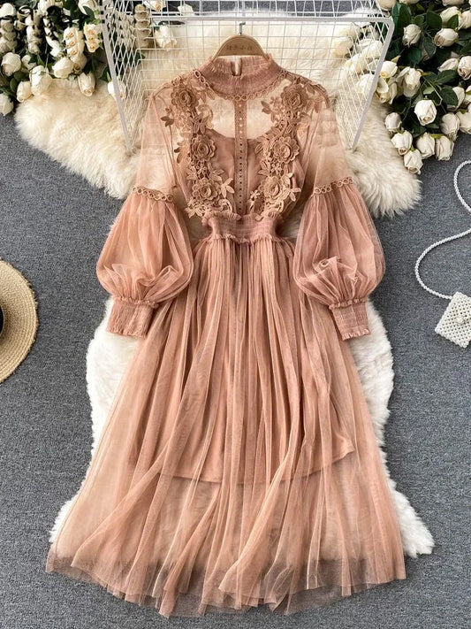 Ladies Dress Three-dimensional Collar Lantern Sleeve High Waist Slim